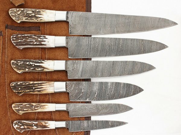 Handmade Damascus Steel Antler Chef Knife Set 6 PCS