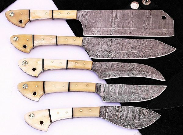 Handmade Damascus Steel Bone Handle Chef Knife Set 5 PCS